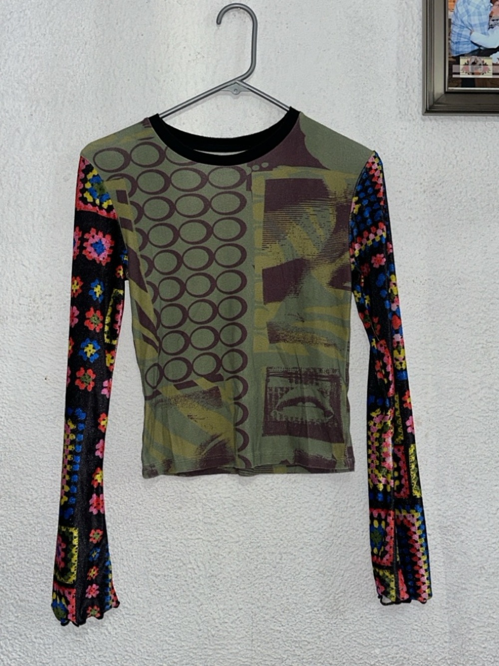 Urban Outfitters Olive Green & Multicolor Mixed Print Long Sleeve Top